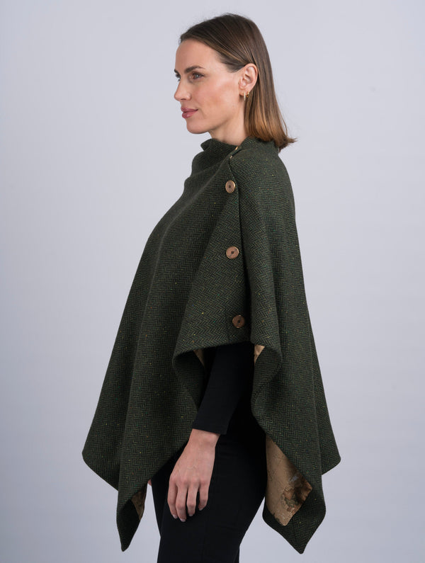 Tweed Poncho w/ Buttons - Green Herringbone