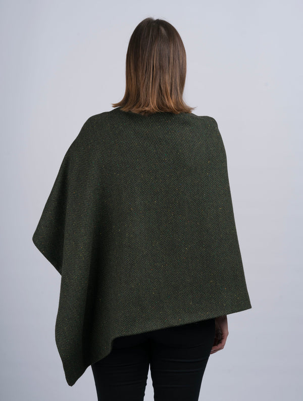 Tweed Poncho w/ Buttons - Green Herringbone