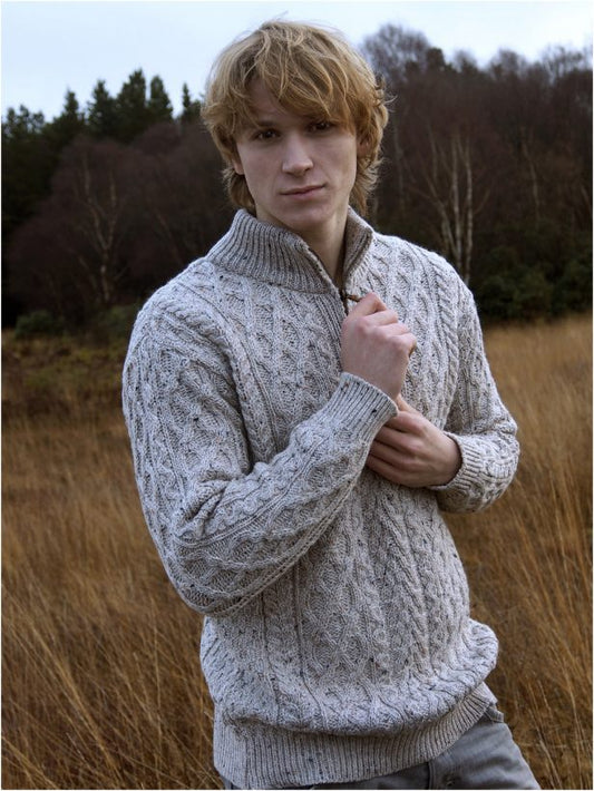 Donegal Half Zip Aran Merino Sweater - Oatmeal Nep