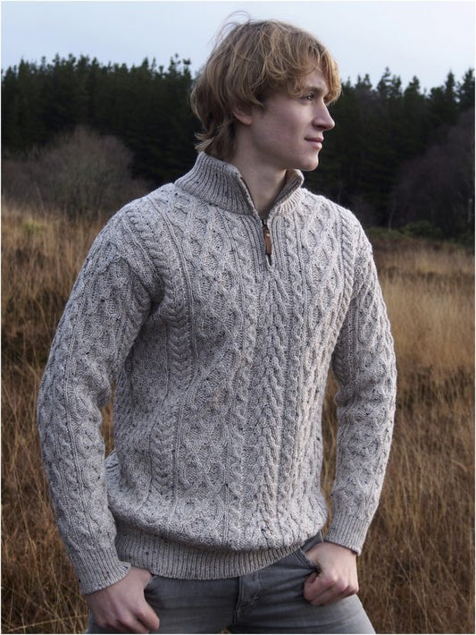 Donegal Half Zip Aran Merino Sweater - Oatmeal Nep