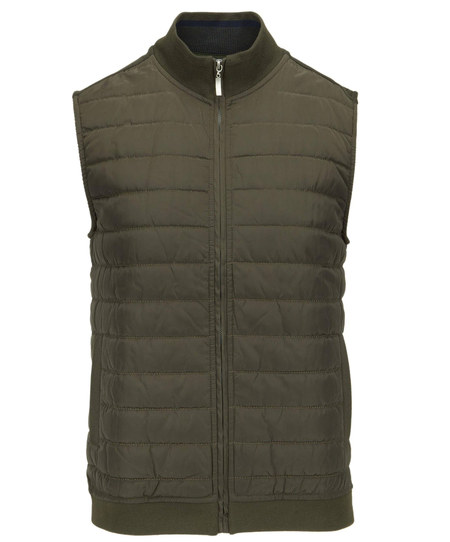 Zip Funnel Neck Quilted Gilet - Smart Jacquard Collar: Khaki