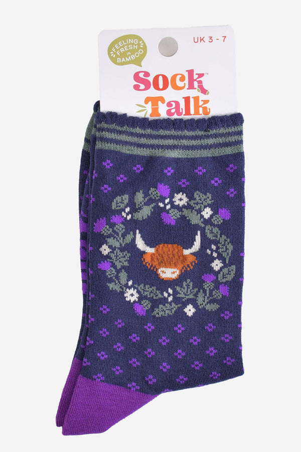 Women's Bamboo Socks - Navy Blue/Purple, Highland Cow Wreath
