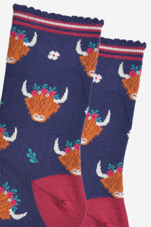 Women's Bamboo Socks - Navy/Burgundy, Winter Highland Cow