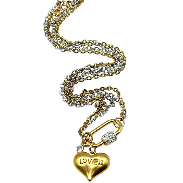 Charm Necklace w/ 'Loved' Heart & Crystal Charms - Gold & Silver