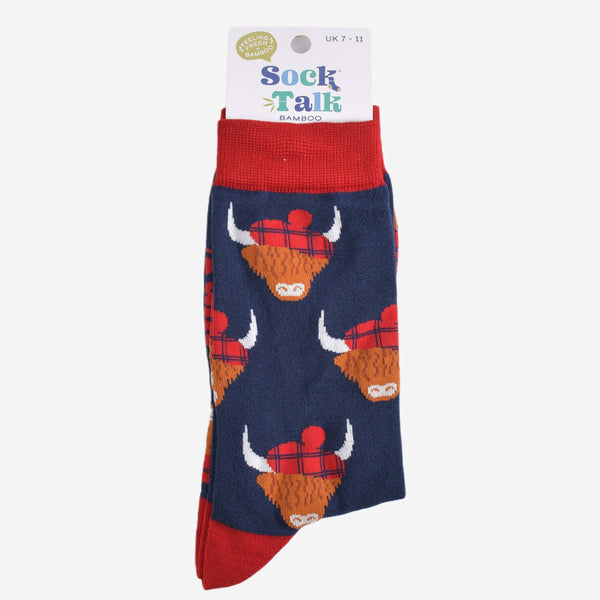 Men's Bamboo Highland Cow Tartan Tam - Navy Blue & Red