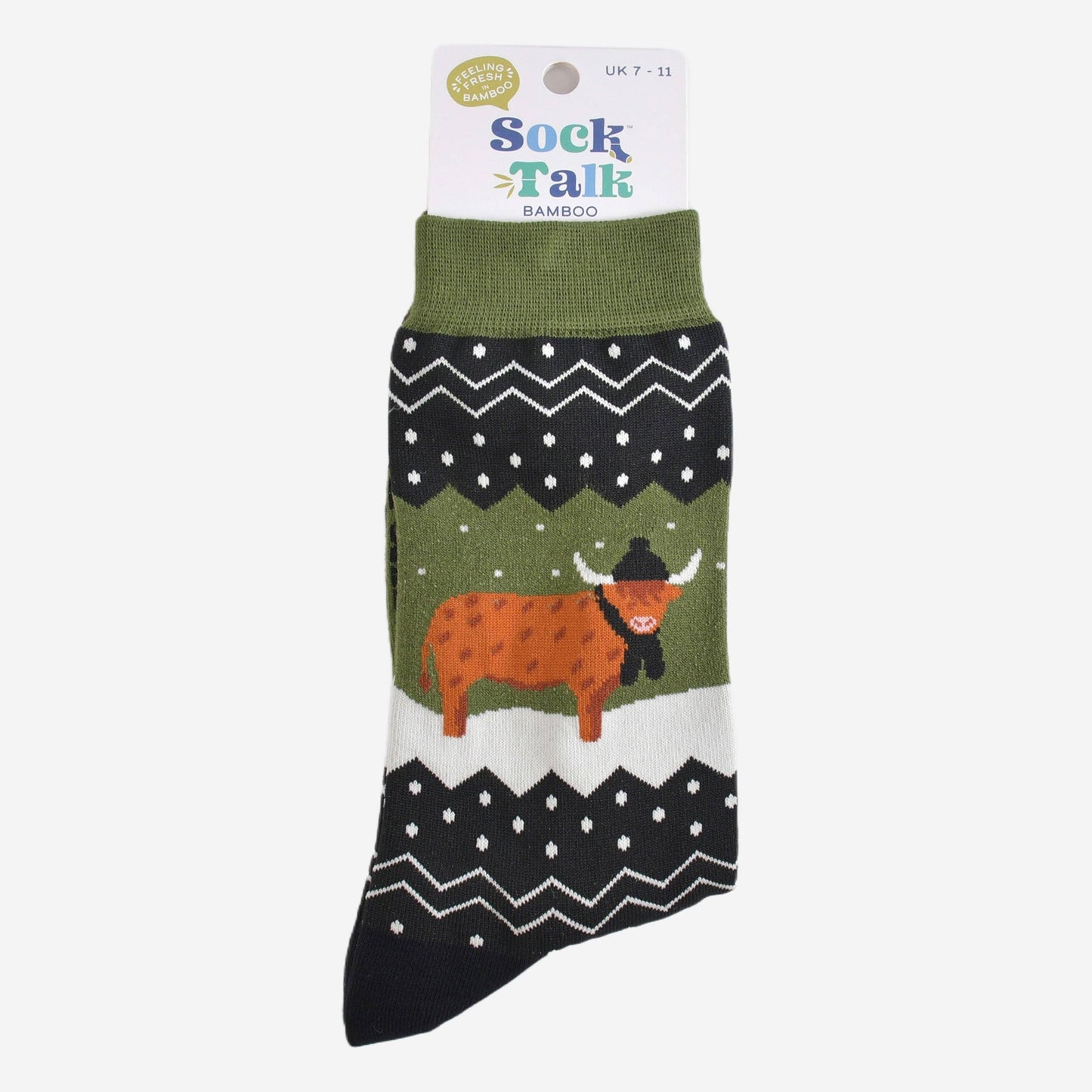 Men's Bamboo Socks - Green/Black, Winter Highland Cow: UK 7-11 | EU 40.5-46 | US 8-12