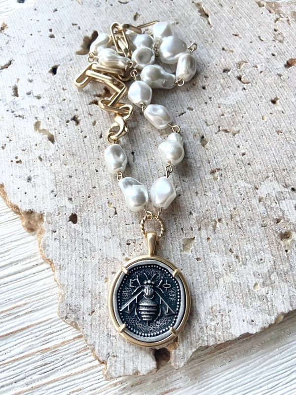 Bee Pendant w/ Gold Paperclip Chain & Pearls
