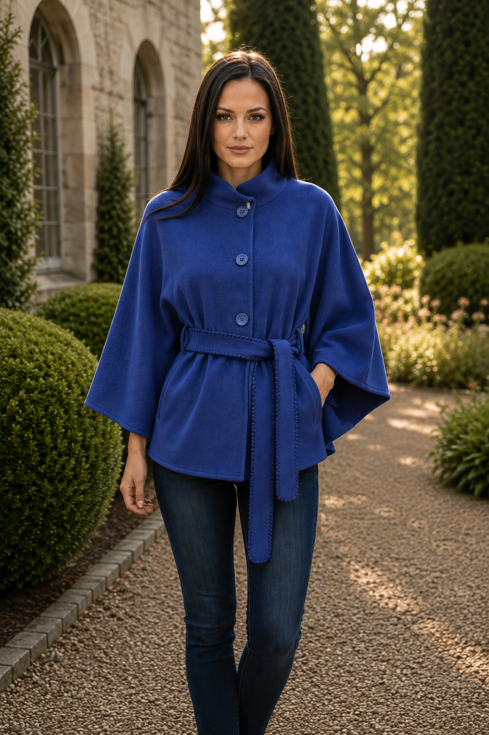 A woman wearing a royal blue cape-style coat with a matching tie belt and dark blue jeans, standing in a garden path with trimmed hedges and a stone building in the background.