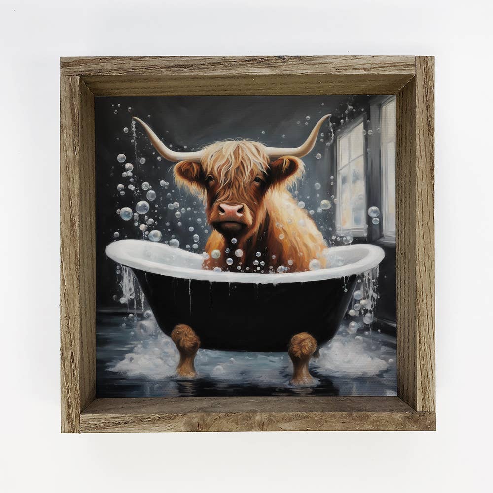 Highland Cow in Black Tub 11" x 11" Small Canvas