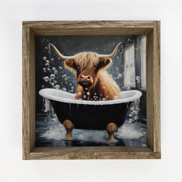 Highland Cow in Black Tub 11" x 11" Small Canvas
