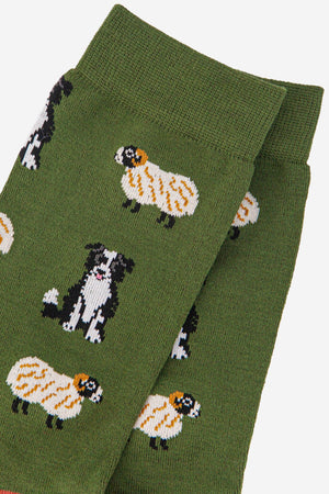 Men's Bamboo Border Collie & Sheep Socks - Green & Brown