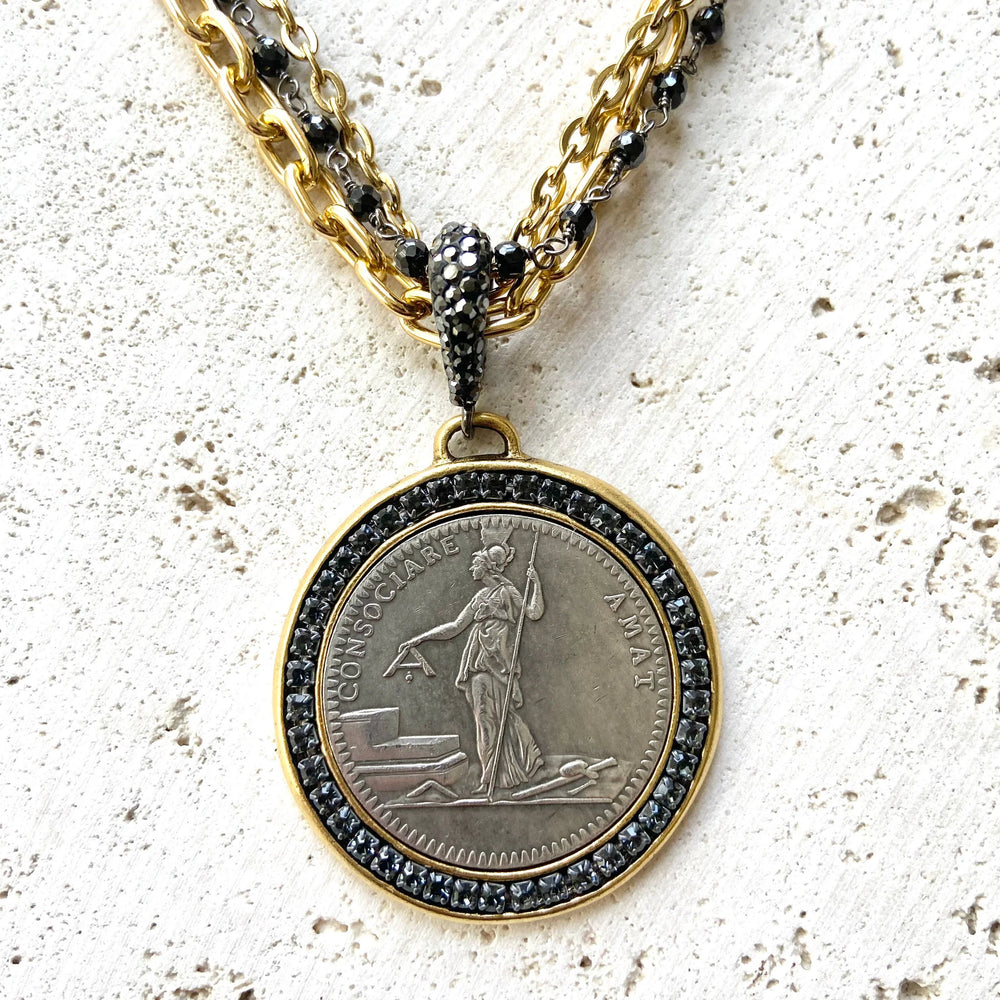 French Revolutionary Coin Pendant w/ Black Spinel - Gold & Black Chains