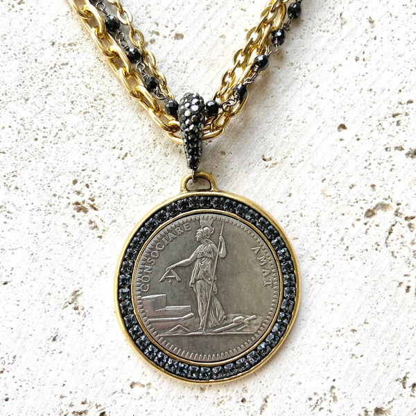 French Revolutionary Coin Pendant w/ Black Spinel - Gold & Black Chains