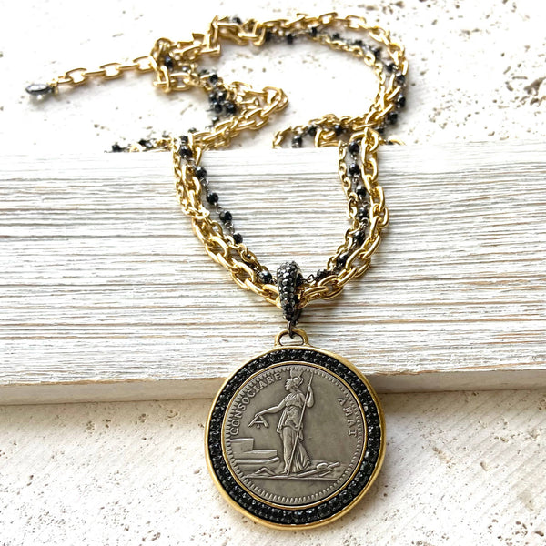 French Revolutionary Coin Pendant w/ Black Spinel - Gold & Black Chains