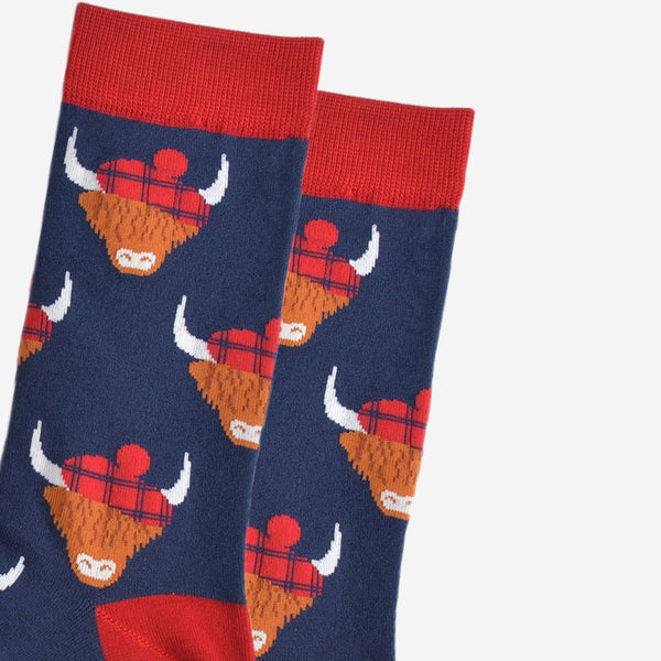 Men's Bamboo Highland Cow Tartan Tam - Navy Blue & Red