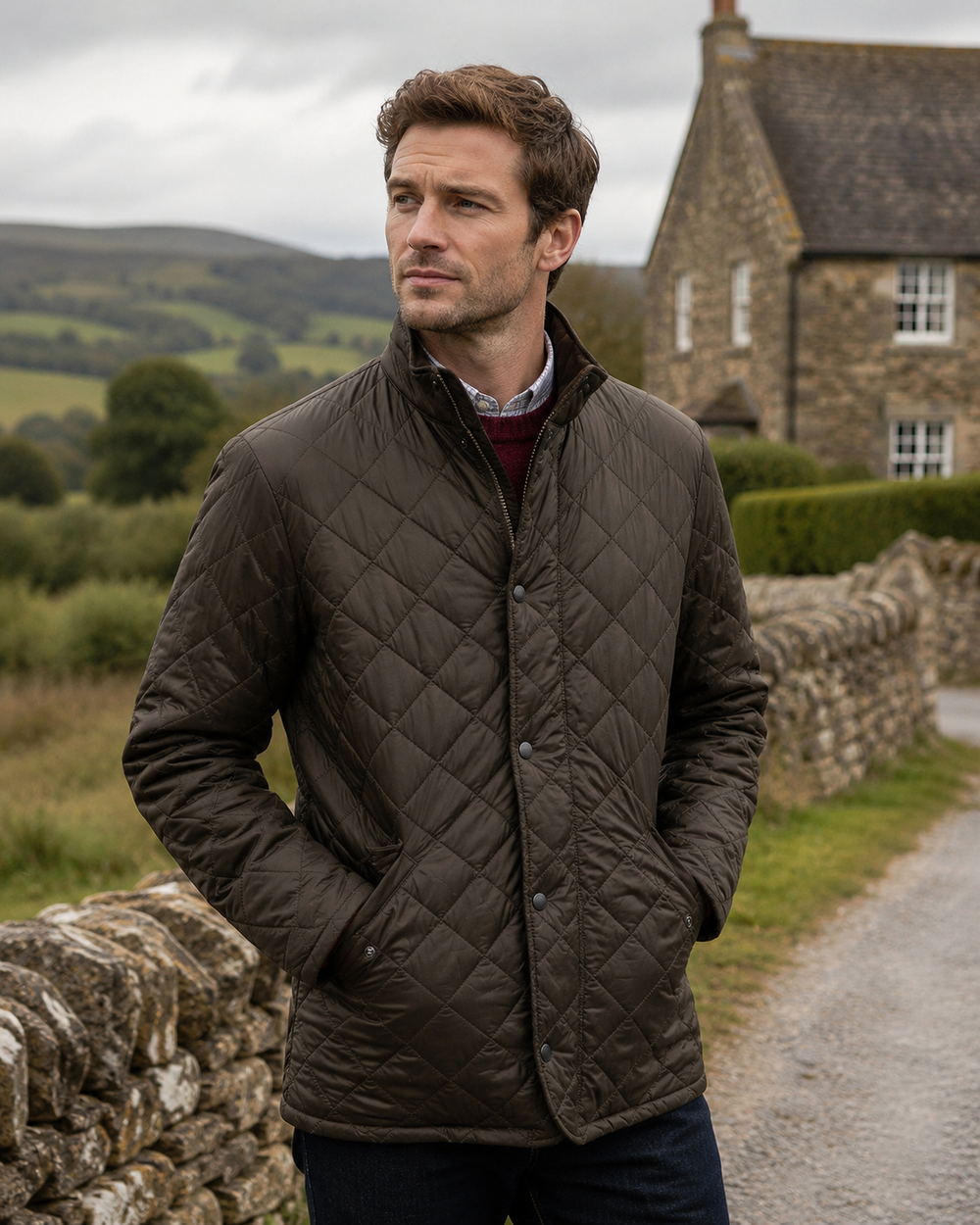 A man wearing a dark brown diamond-quilted jacket stands outdoors on a gravel path with a stone wall, green hills, and a stone cottage in the background.