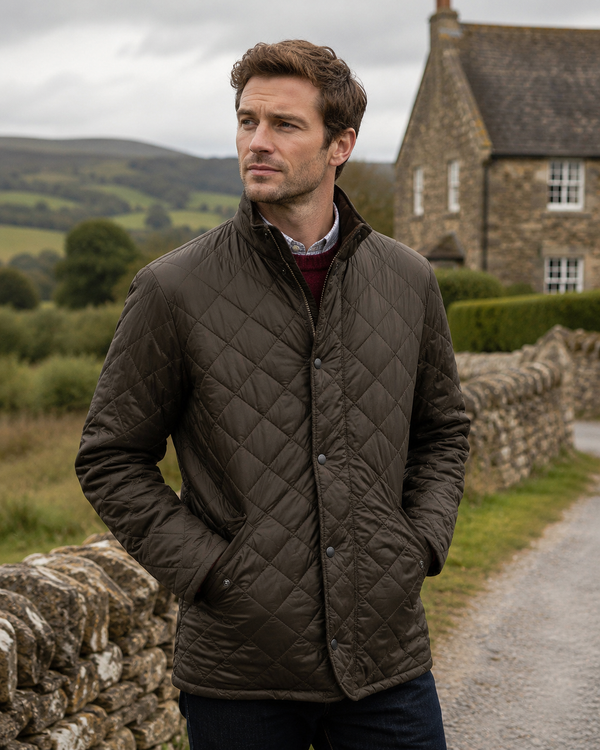 A man wearing a dark brown diamond-quilted jacket stands outdoors on a gravel path with a stone wall, green hills, and a stone cottage in the background.