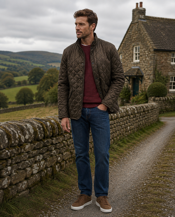 A man wearing a dark brown quilted jacket, a burgundy sweater, blue jeans, and brown shoes stands on a gravel path next to a stone wall with a stone cottage in the background.