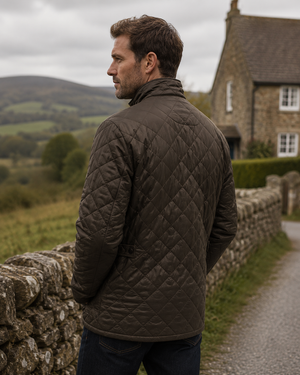 A man wearing a dark brown diamond-quilted jacket stands outdoors on a gravel path next to a stone wall, with a stone cottage and rolling hills in the background.