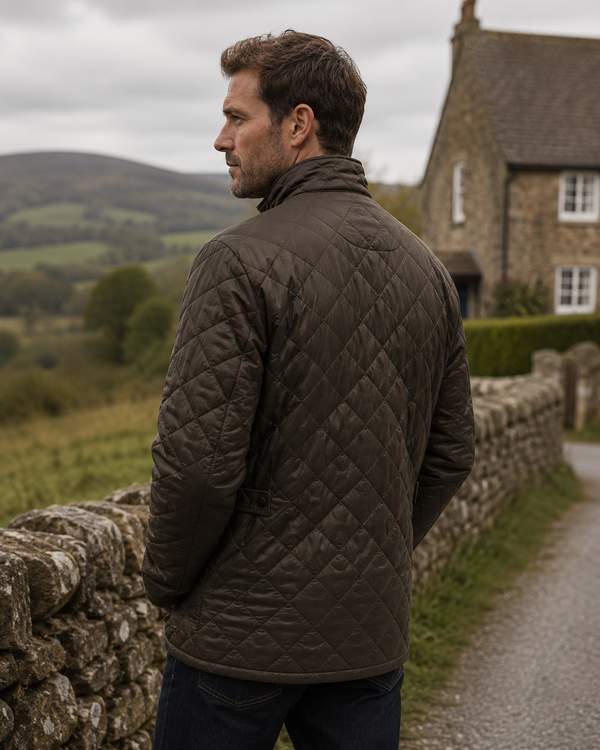 A man wearing a dark brown diamond-quilted jacket stands outdoors on a gravel path next to a stone wall, with a stone cottage and rolling hills in the background.