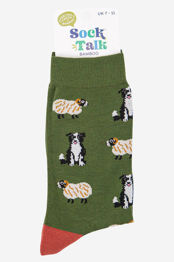 Men's Bamboo Border Collie & Sheep Socks - Green & Brown