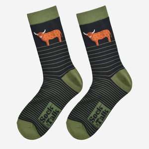 Men's Bamboo Socks Highland Cow - Black & Green