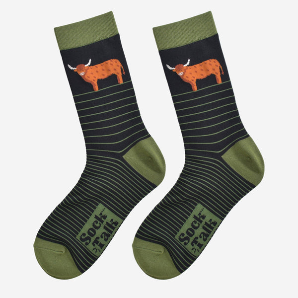 Men's Bamboo Socks Highland Cow - Black & Green