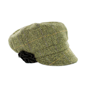 Ladies Tweed Newsboy Hat - Light Green Herringbone