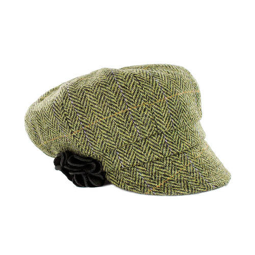Ladies Tweed Newsboy Hat - Light Green Herringbone