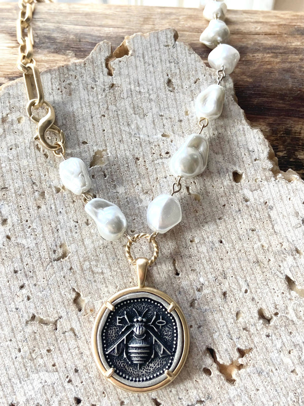 Bee Pendant w/ Gold Paperclip Chain & Pearls