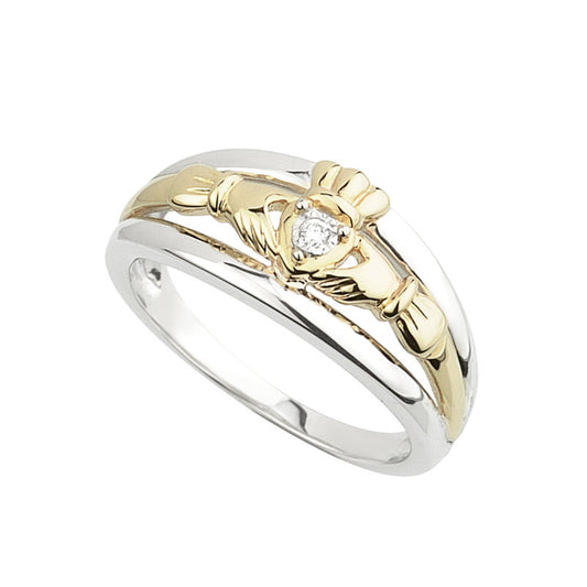10K Gold And Silver Diamond Claddagh Ring