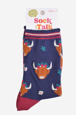 Women's Bamboo Socks - Navy/Burgundy, Winter Highland Cow