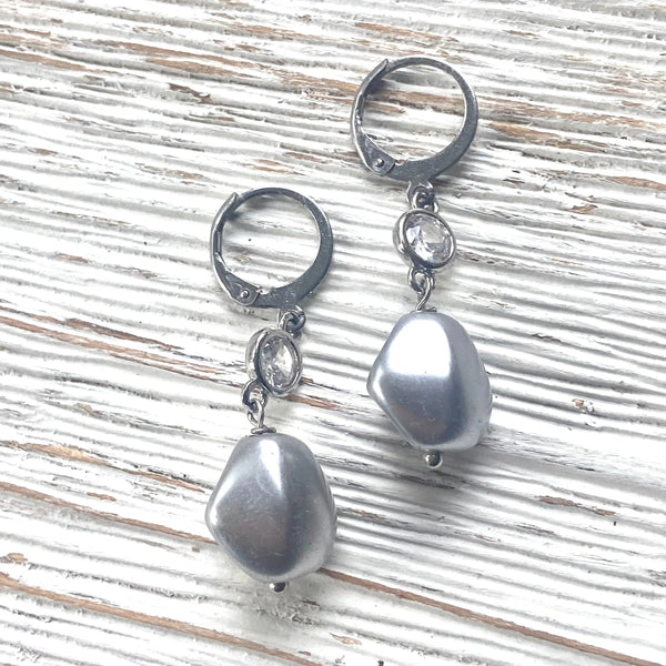 Gray Baroque Porcelain Pearl Earrings - Silver