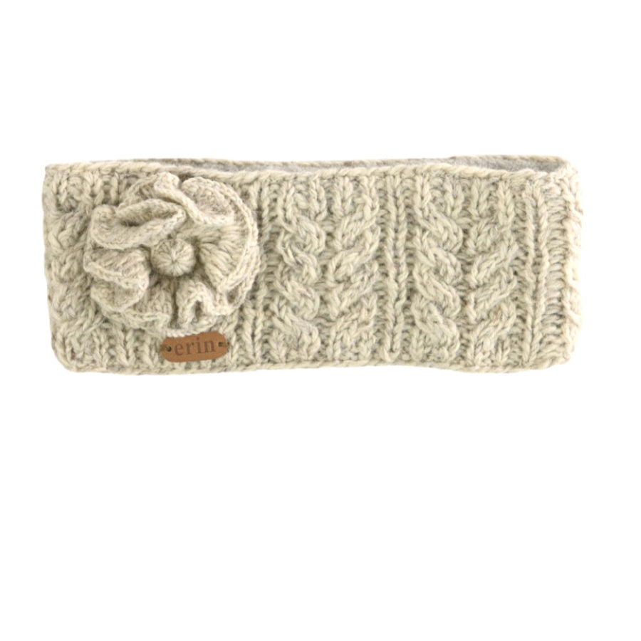 Aran Cable Knitted Wool Headband With Flower - Oatmeal