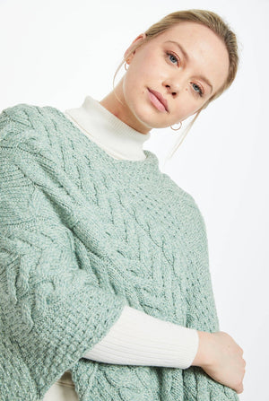 Aasleagh Falls Ladies Aran Poncho - Sea Foam Green