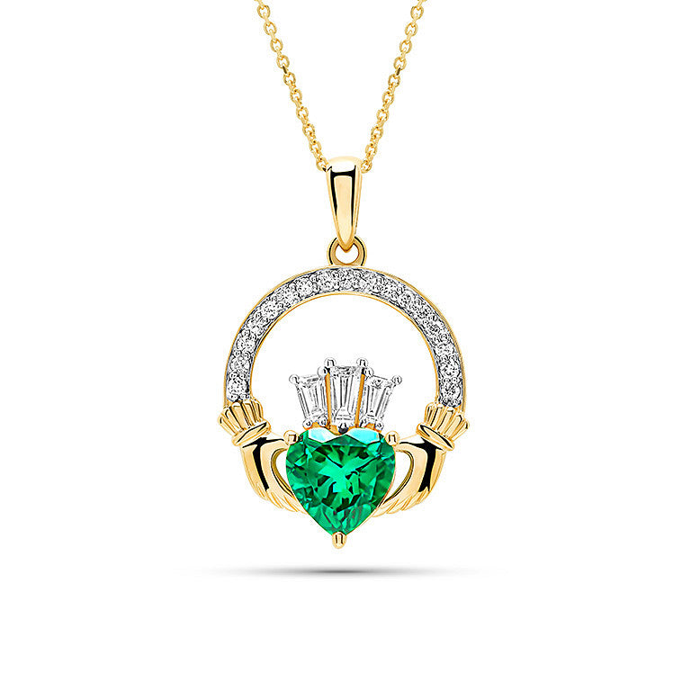 14K Gold Lab Grown Diamond and Emerald Claddagh Necklace