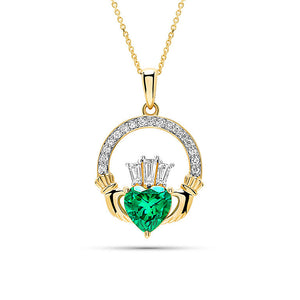 14K Gold Lab Grown Diamond and Emerald Claddagh Necklace