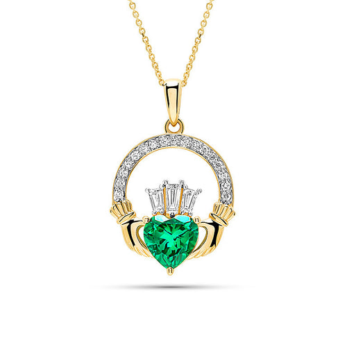 14K Gold Lab Grown Diamond and Emerald Claddagh Necklace