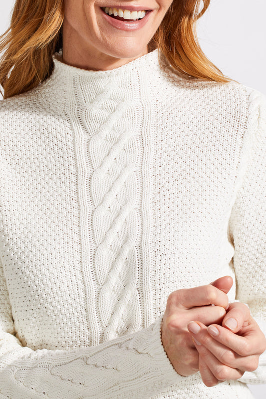 Cotton Funnel Neck Cable Sweater - Eggshell