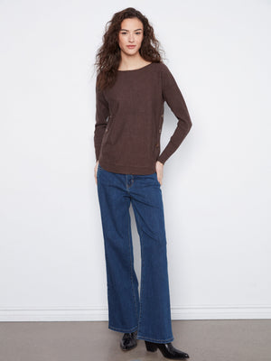 Boat Neck Sweater With Side Buttons - Heather Coffee