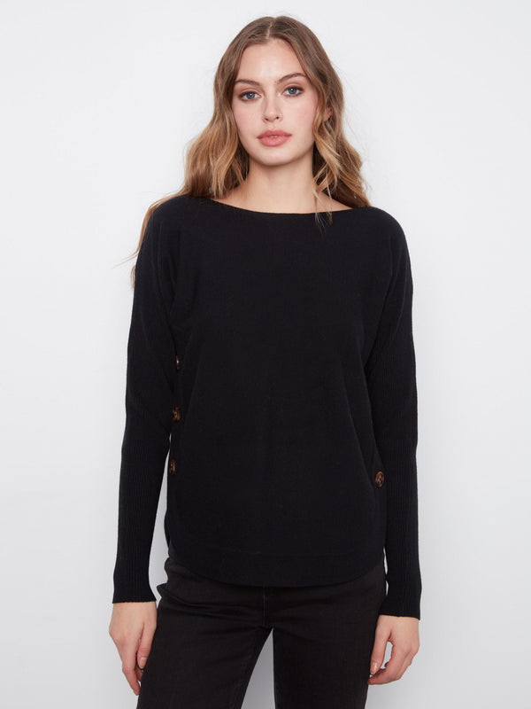 Boat Neck Sweater With Side Buttons - Black