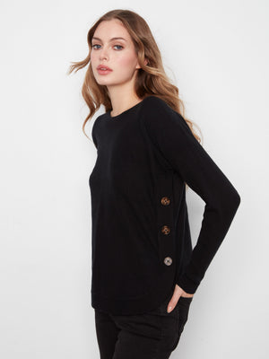 Boat Neck Sweater With Side Buttons - Black