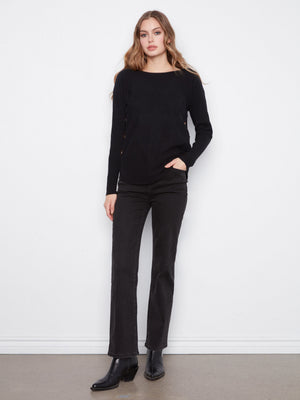 Boat Neck Sweater With Side Buttons - Black