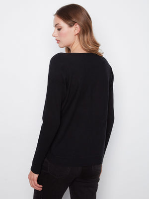 Boat Neck Sweater With Side Buttons - Black