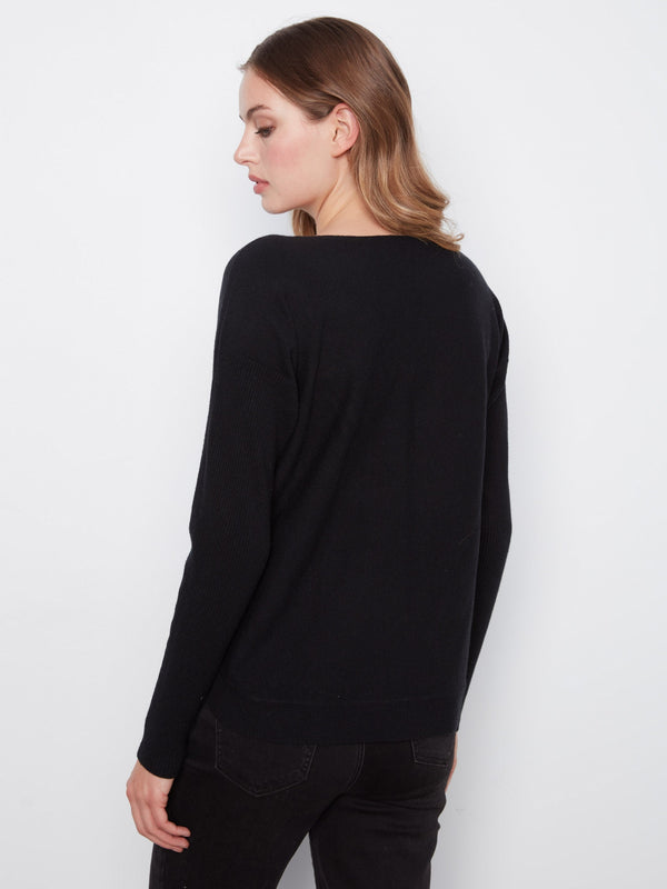 Boat Neck Sweater With Side Buttons - Black