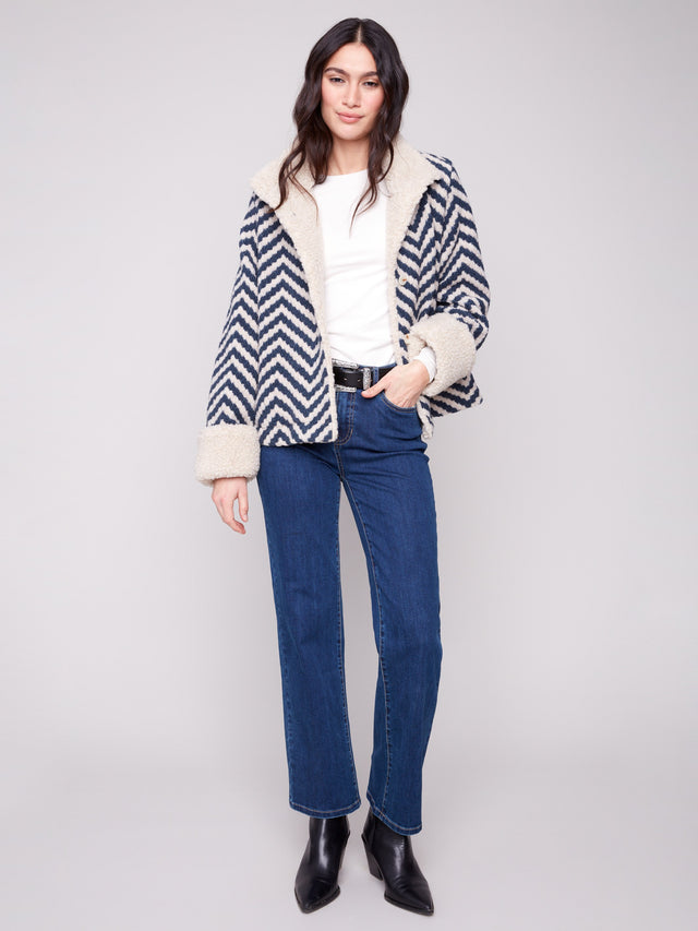 Chevron Boucle Short Jacket w/ Sherpa Trim