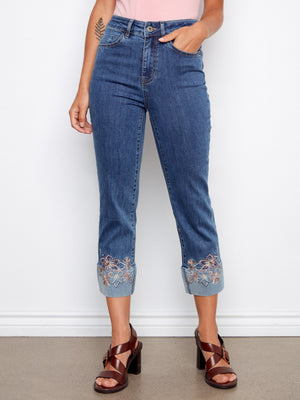 Embroidered Cuff Cropped Jeans