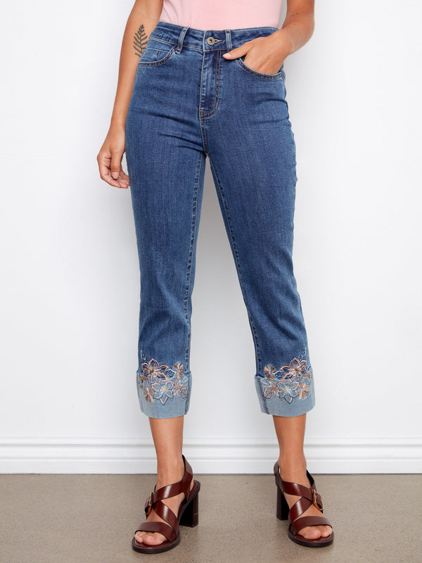 Embroidered Cuff Cropped Jeans