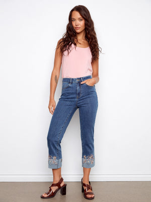 Embroidered Cuff Cropped Jeans