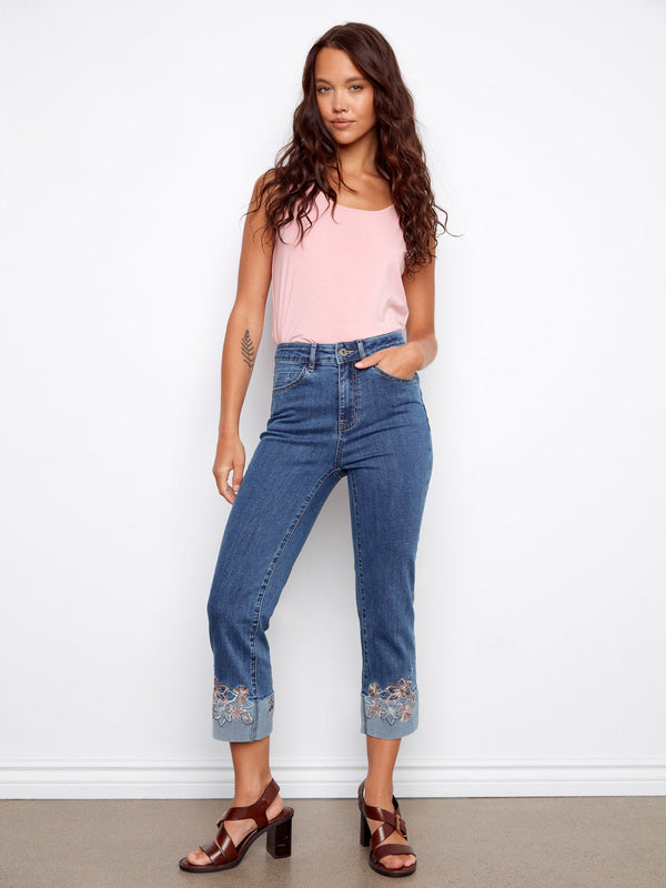 Embroidered Cuff Cropped Jeans